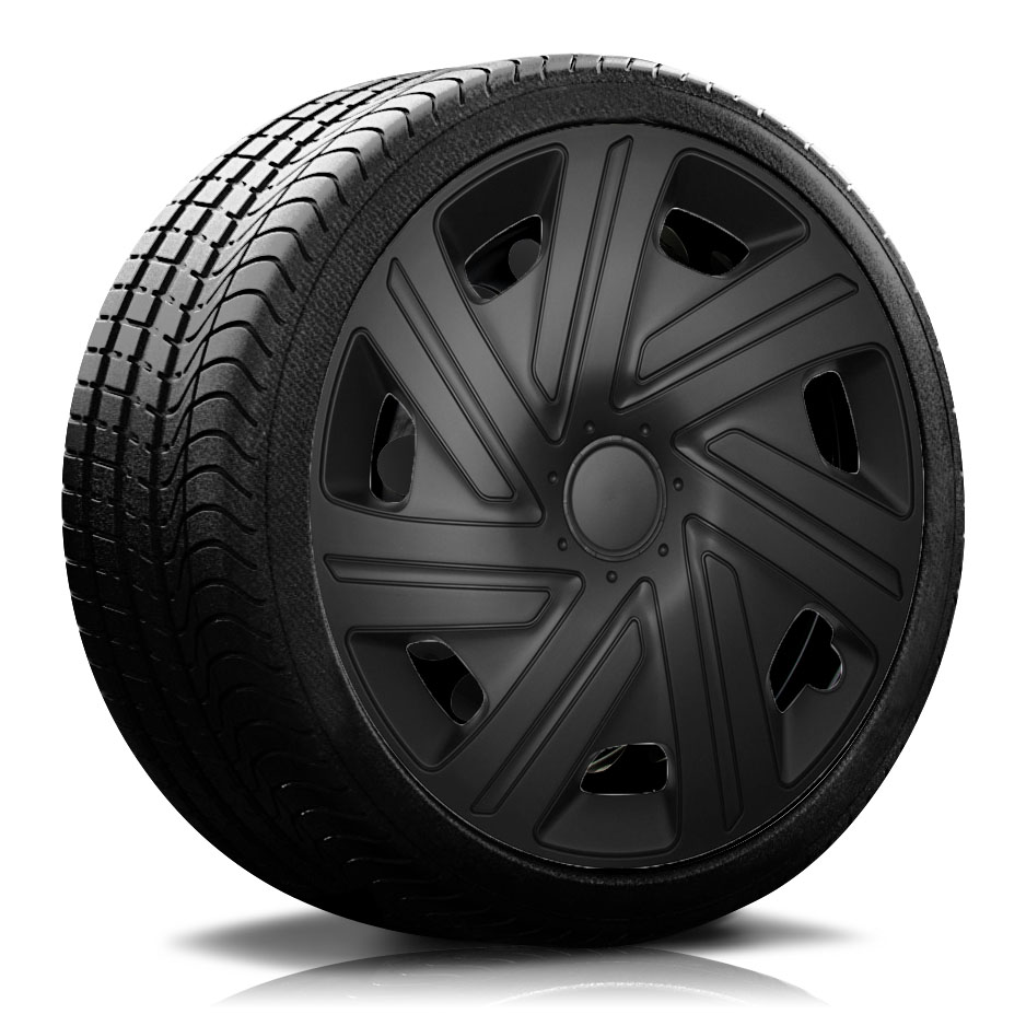 Reifen Radkappe RKK07 schwarz Ein Reifen mit Felge, auf der eine Radkappe des Modells RKK07 schwarz ist.