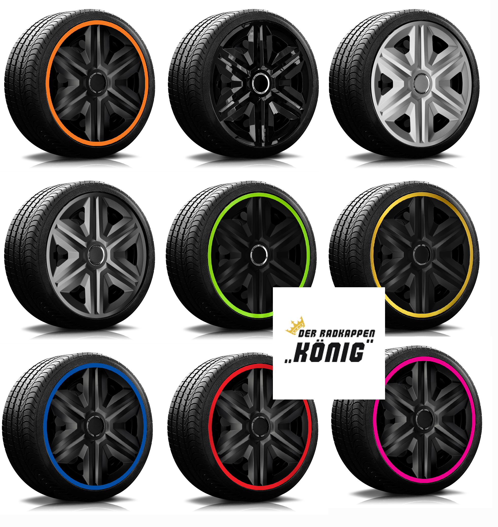 Übersicht Radkappen Modell RKK21 Es sind alle Radkappen zu sehen, die es vom Modell RKK21 gibt. Schwarz mit gold, gruen, orange, pink, rot, graphit, weiss und blau.