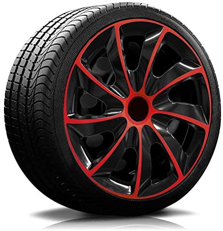 Ein Reifen mit Felge, auf der eine Radkappe des Modells RKK02 schwarz-rot ist.