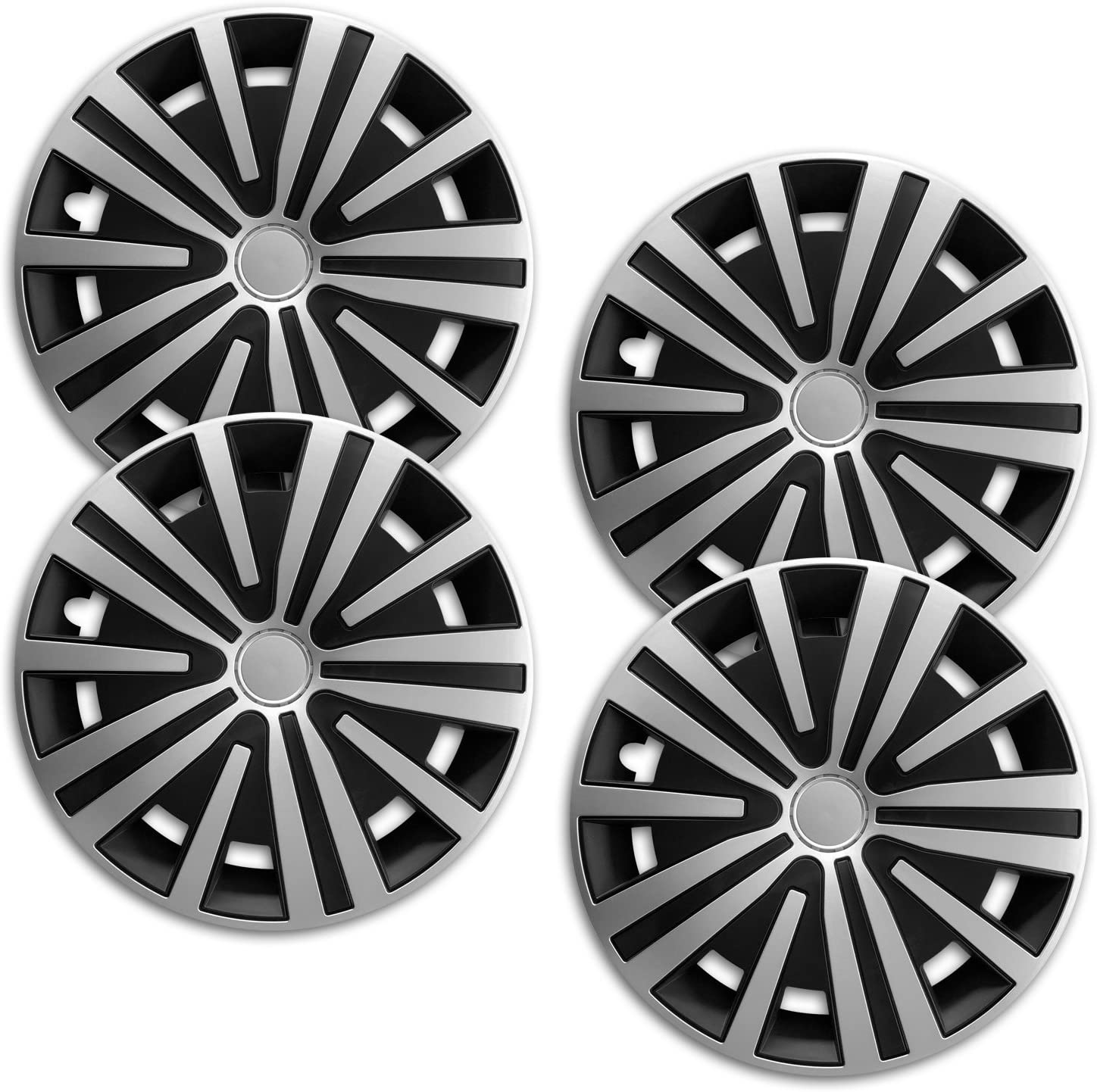 4 Radkappen Frontaufnahme RKK17 schwarz-silber Eine Frontaufnahme des 4er Set Radkappen Modell RKK17 in schwarz-silber.