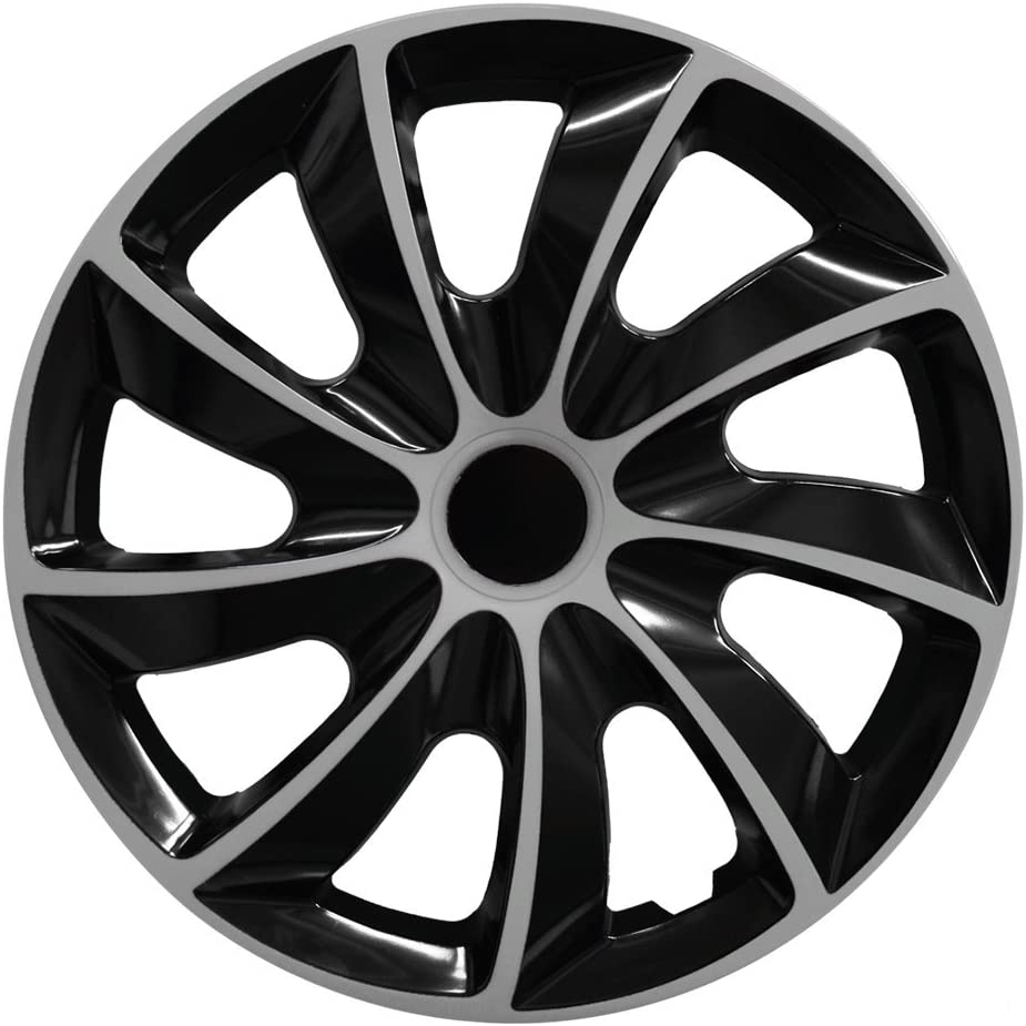 Radkappe Frontaufnahme RKK02 schwarz-silber Eine Frontaufnahme der Radkappe Modell RKK02 in schwarz-silber.