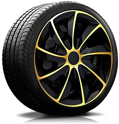 Reifen Radkappe RKK02 schwarz-gold Ein Reifen mit Felge, auf der eine Radkappe des Modells RKK02 schwarz-gold ist.