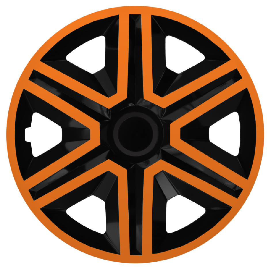 Eine Frontaufnahme der Radkappe Modell RKK20 in schwarz-orange.