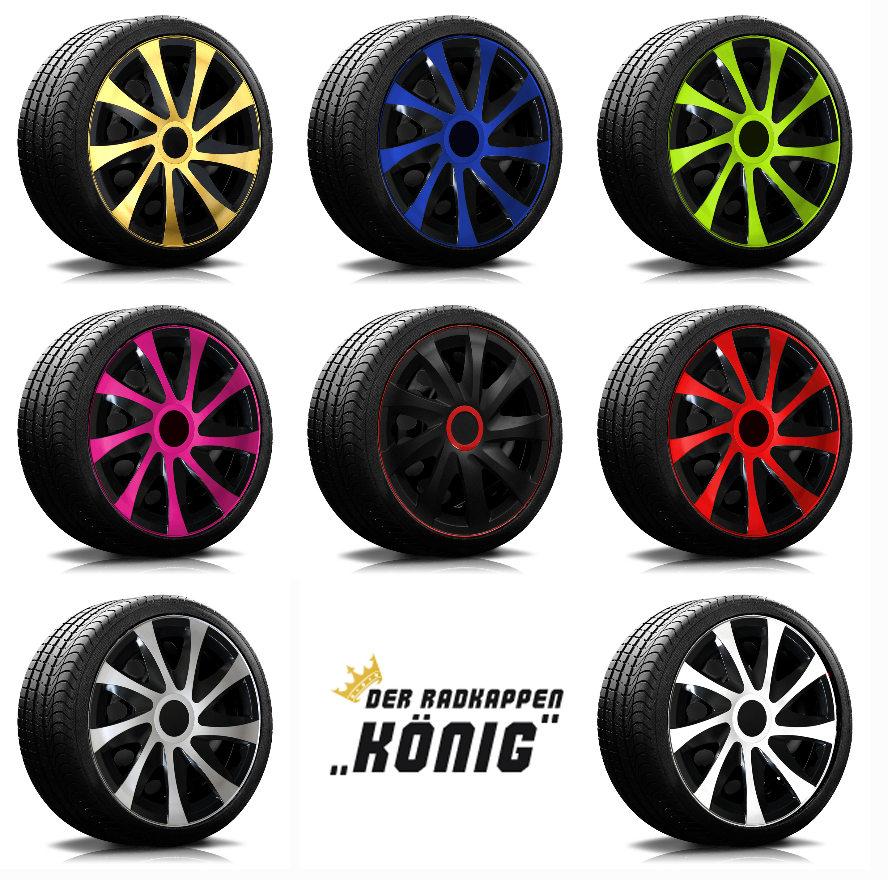 Übersicht Radkappen Modell RKK04 Die Modelle der RKK04 von Radkappen Koenig in schwarz, gold, rot, blau, silber, gruen und pink.