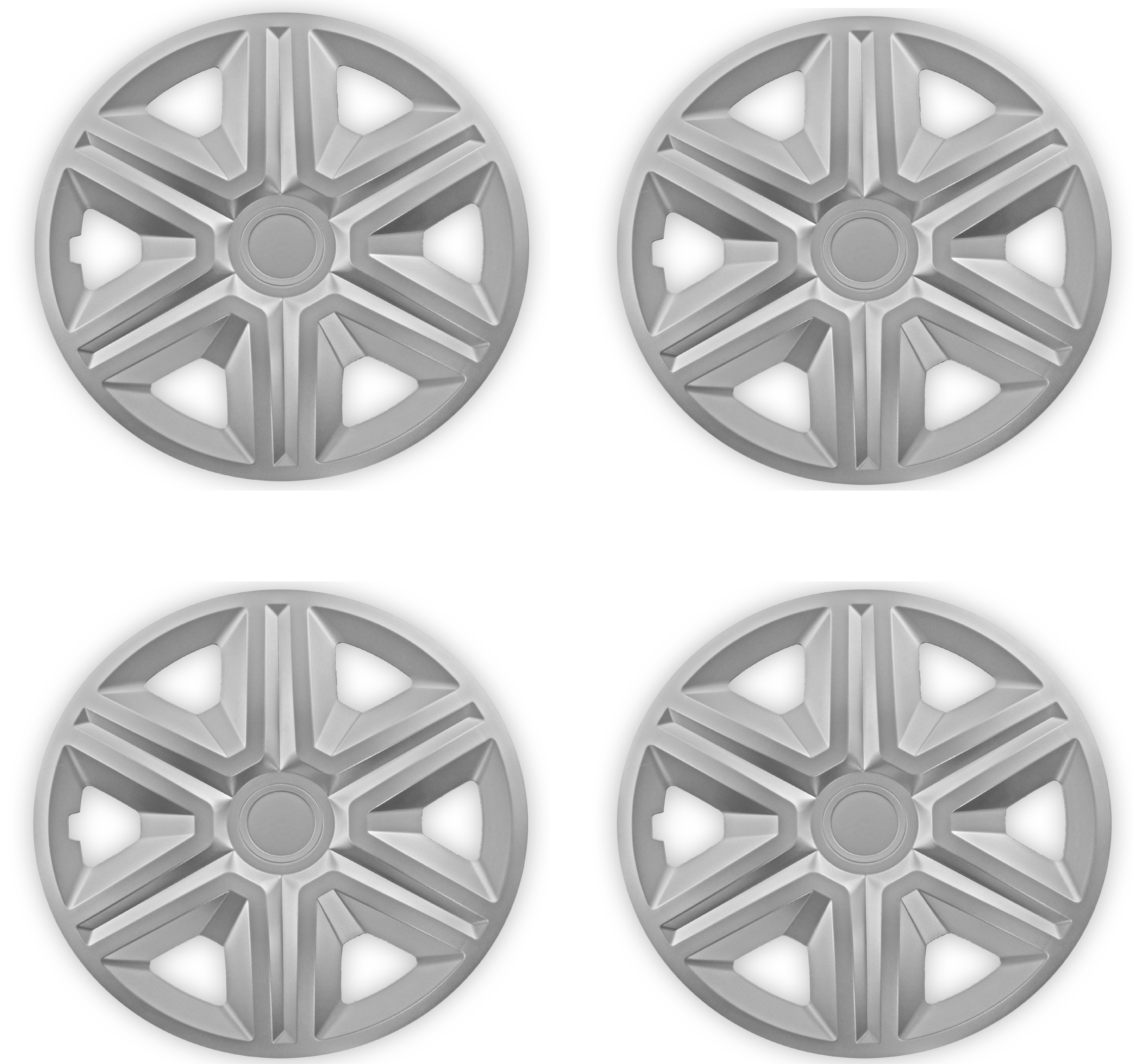 Eine Frontaufnahme des 4er Set Radkappen Modell RKK20 in silber.