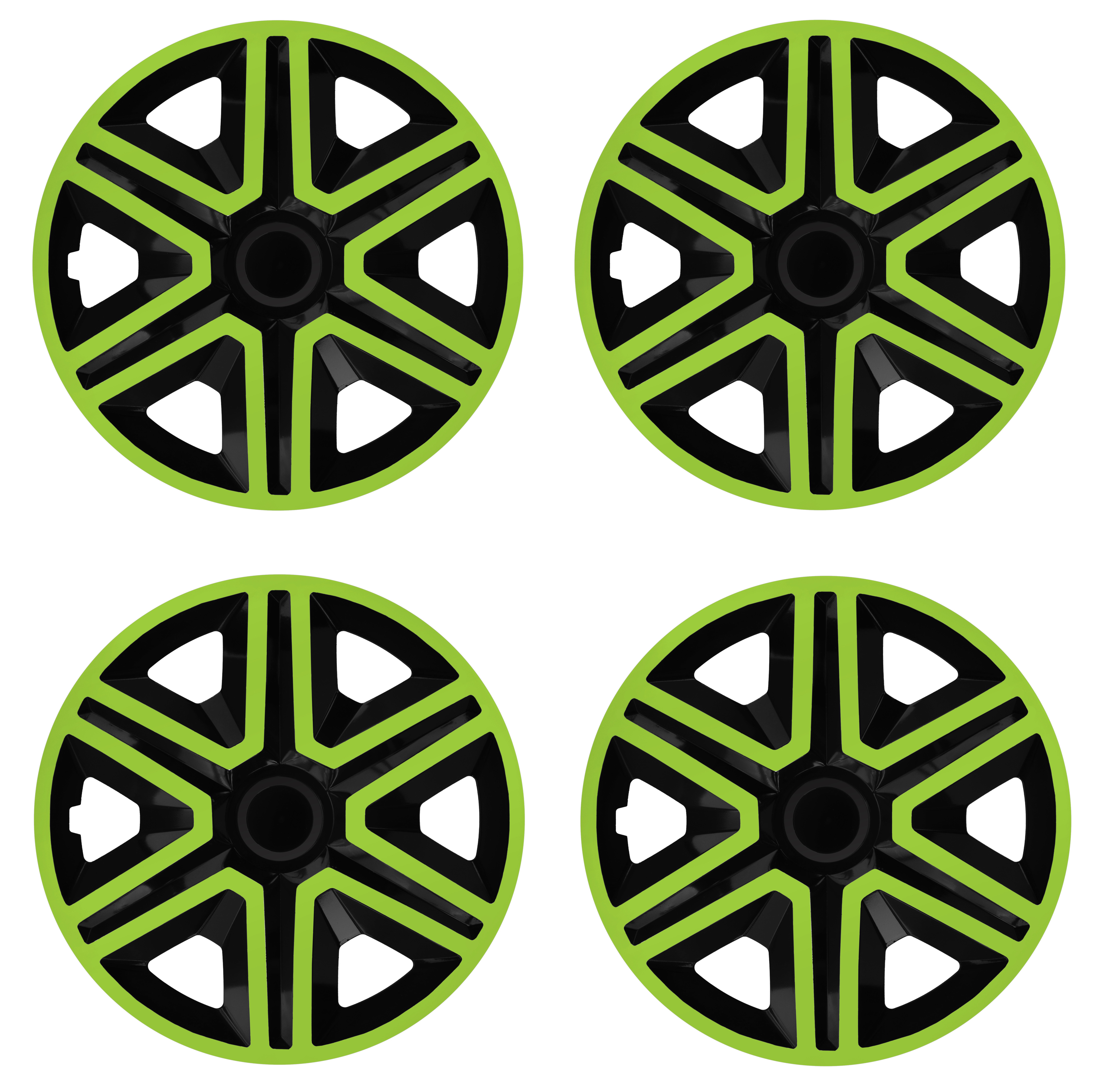 4 Radkappen Frontaufnahme RKK20 schwarz-gruen Eine Frontaufnahme des 4er Set Radkappen Modell RKK20 in schwarz-gruen.