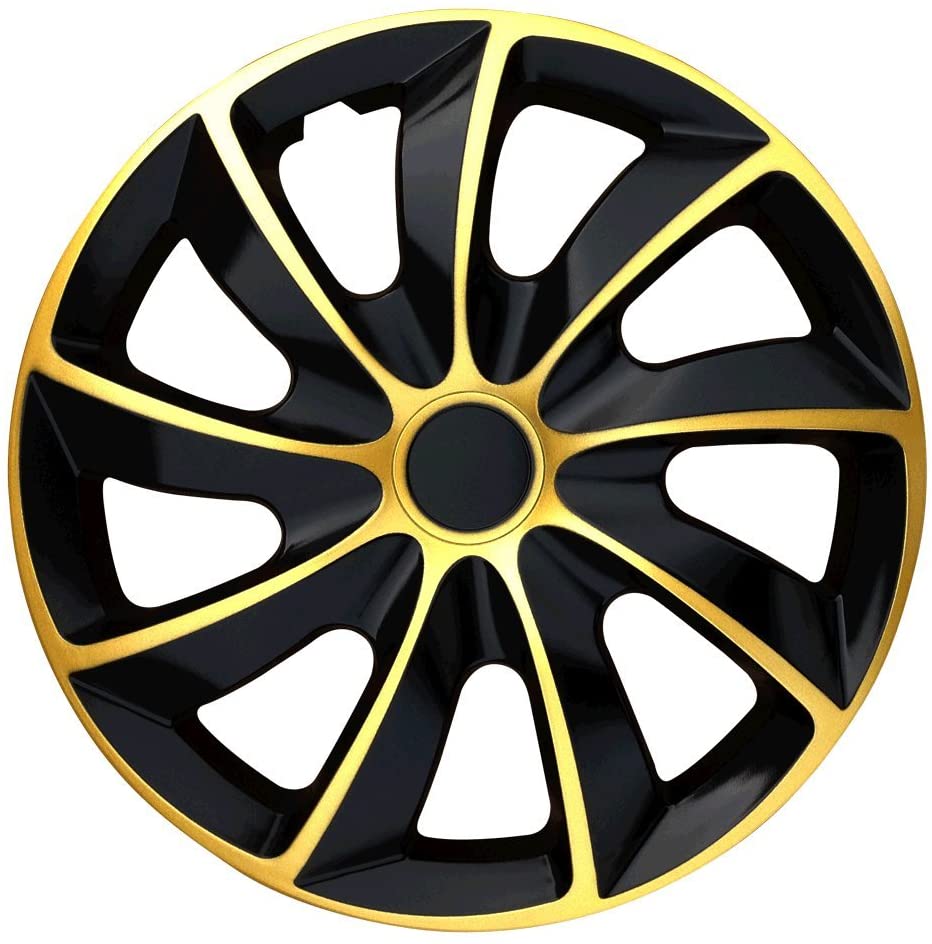 Radkappe Frontaufnahme RKK02 schwarz-gold Eine Frontaufnahme der Radkappe Modell RKK02 in schwarz-gold.