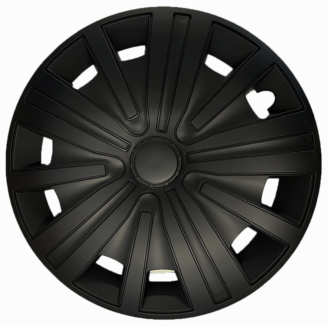 Radkappe Frontaufnahme RKK17 schwarz Eine Frontaufnahme der Radkappe Modell RKK17 in schwarz.