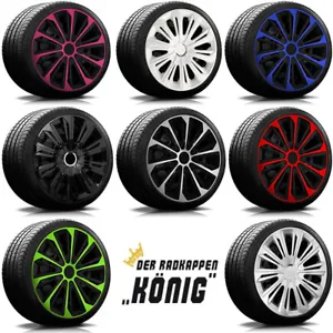 Übersicht Radkappen Modell RKK06 Es sind alle Radkappen zu sehen, die es vom Modell RKK20 gibt. Schwarz mit gruen, pink, rot, graphit, weiss und blau.
