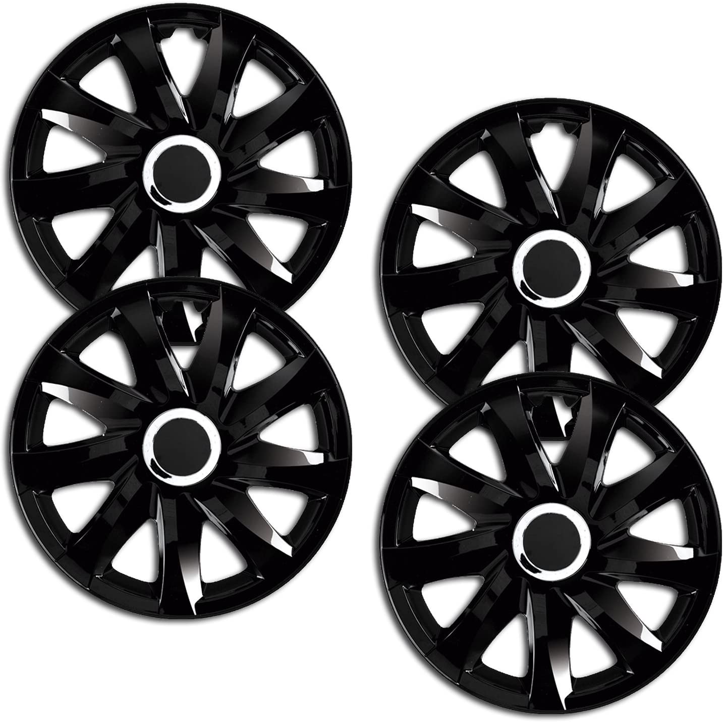 Eine Frontaufnahme des 4er Set Radkappen Modell RKK01 in schwarz.