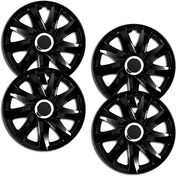 Eine Frontaufnahme des 4er Set Radkappen Modell RKK01 in schwarz.