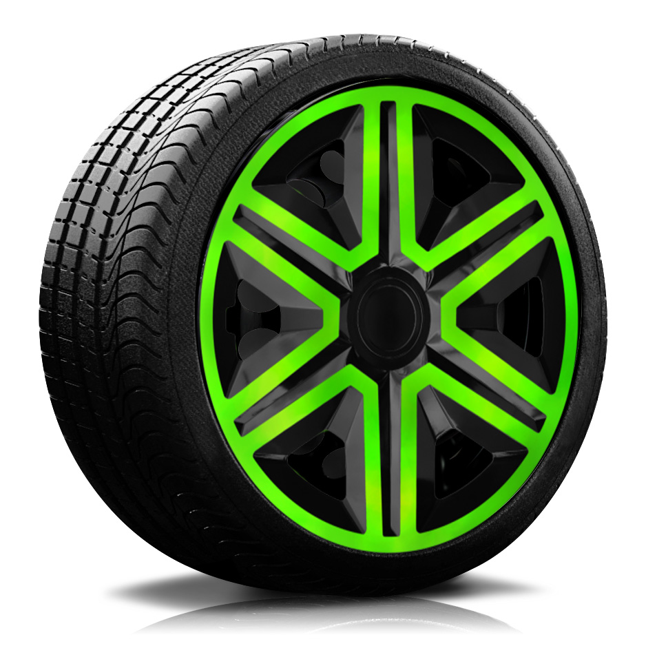 Reifen Radkappe RKK20 schwarz-gruen Ein Reifen mit Felge, auf der eine Radkappe des Modells RKK20 schwarz-gruen ist.