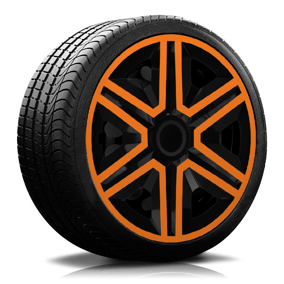 Ein Reifen mit Felge, auf der eine Radkappe des Modells RKK20 schwarz-orange ist.
