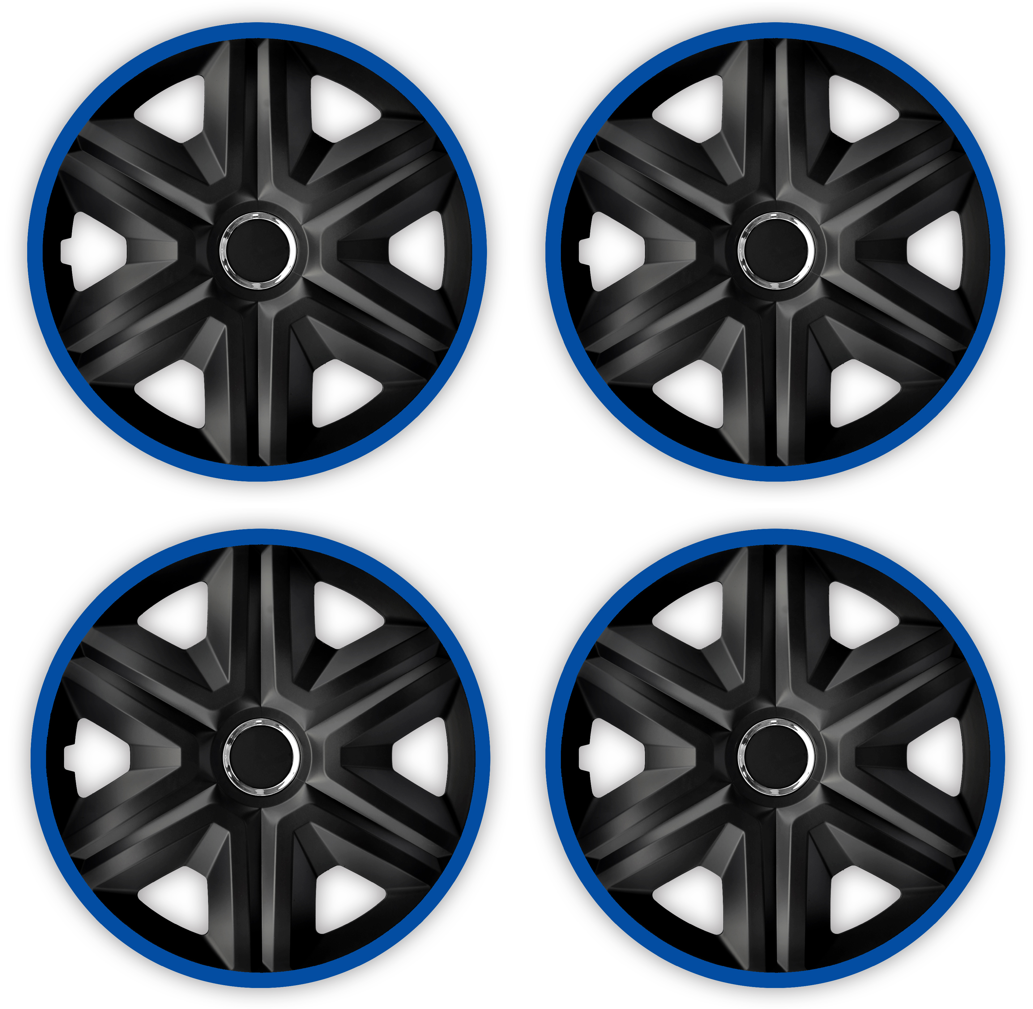 4 Radkappen Frontaufnahme RKK21 schwarz-blau Eine Frontaufnahme des 4er Set Radkappen Modell RKK21 in schwarz-blau.
