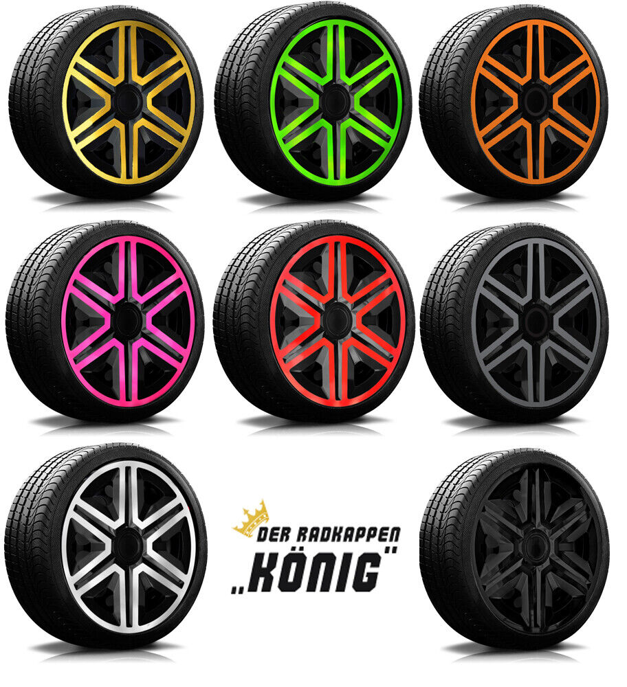 Übersicht Radkappen Modell RKK20 Es sind alle Radkappen zu sehen, die es vom Modell RKK20 gibt. Schwarz mit gold, gruen, orange, pink, rot, graphit, weiss und blau.