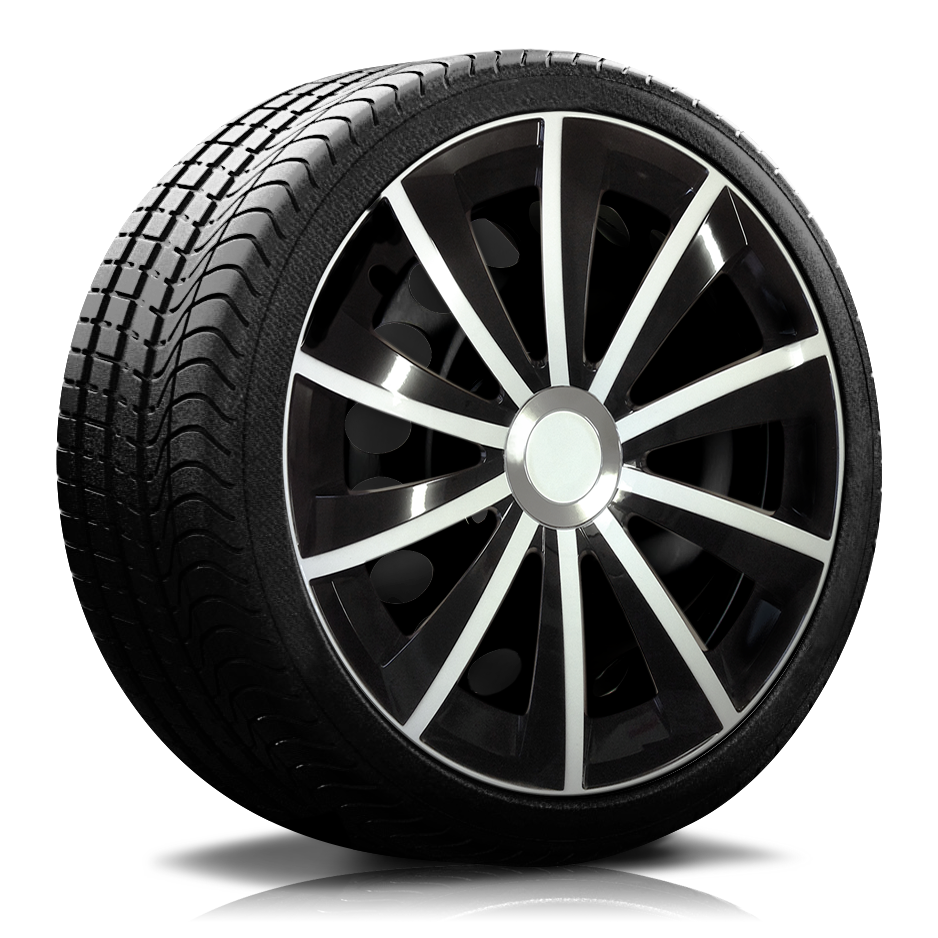 Reifen Radkappe Gral-schwarz-weiss-Chromring auf Reifen Ein Reifen mit Felge, auf der eine Radkappe des Modells Gral schwarz-weiss mit Chromring ist.