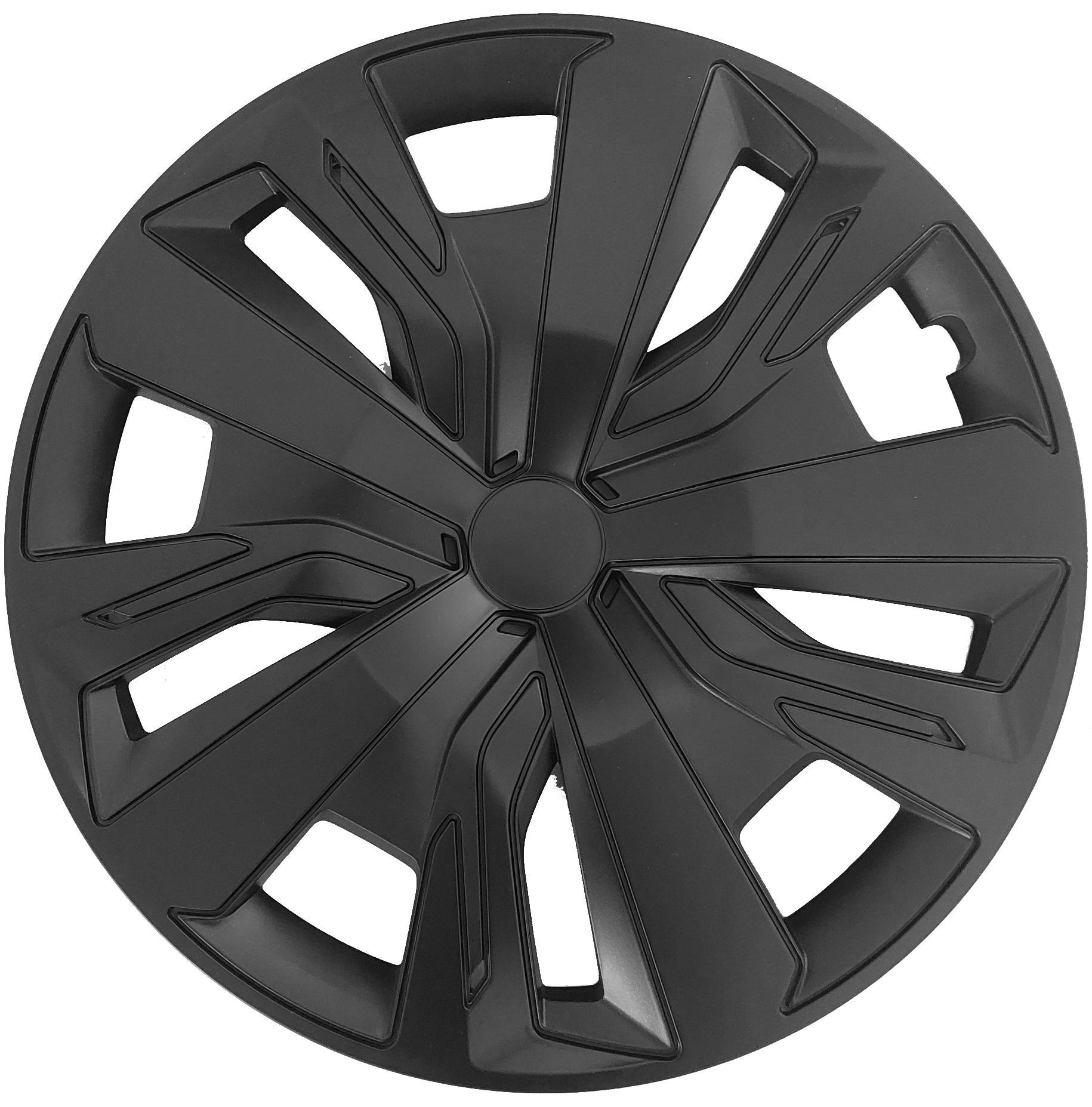 Radkappe Frontaufnahme RKK18 schwarz Eine Frontaufnahme der Radkappe Modell RKK18 in schwarz.